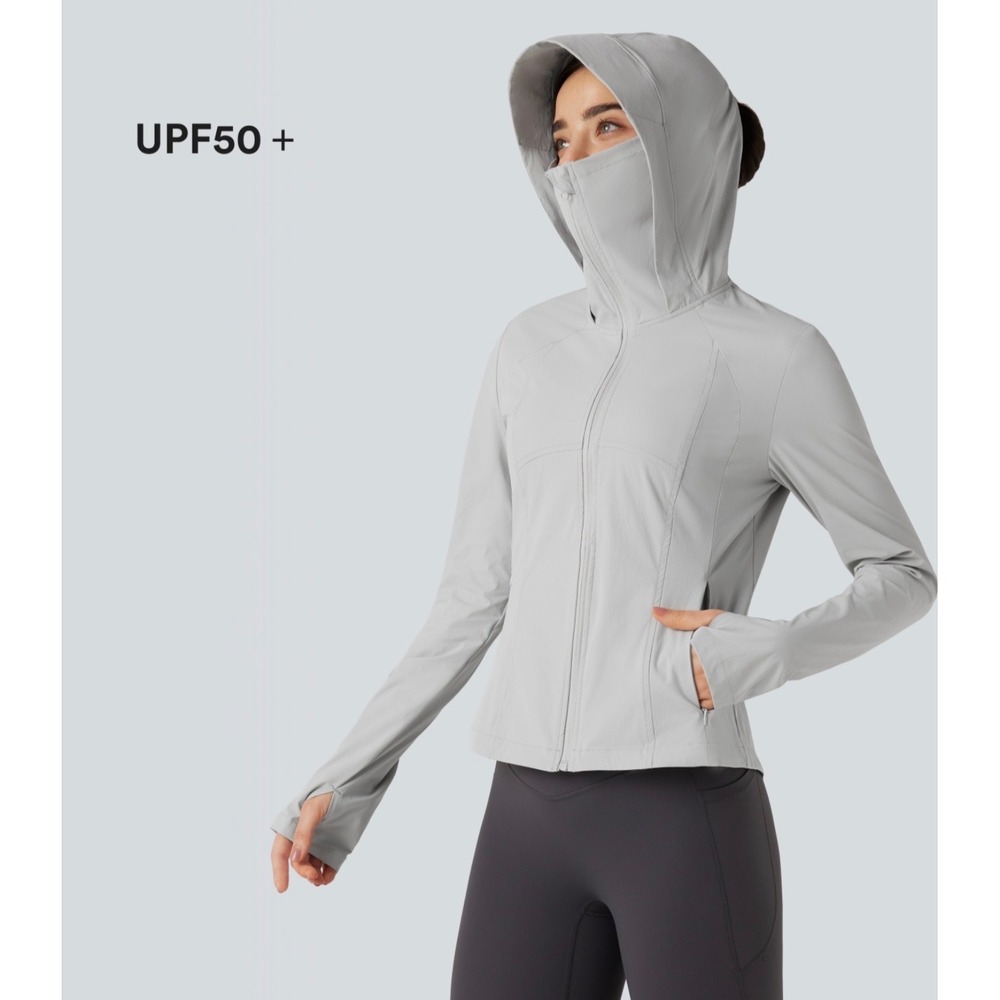 Halara Women Gray UPF Hiking Jacket Hooded Face Mask Ponytail Hole Thumb Hole M